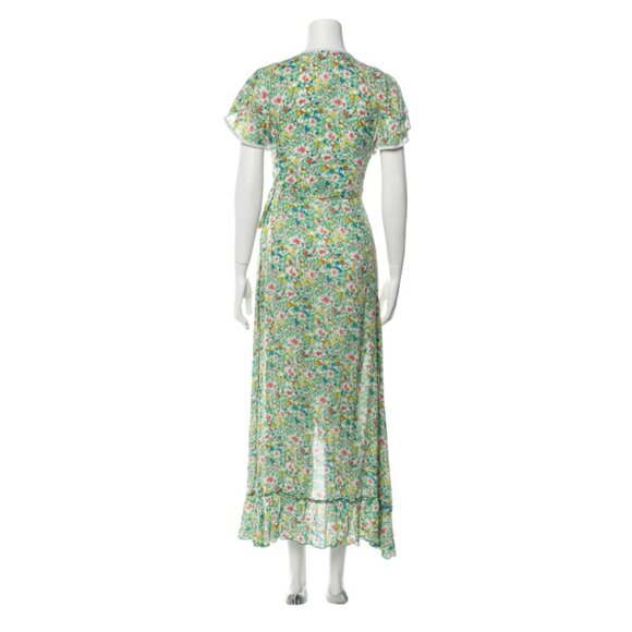 Poupette St Barth Joe Wrap Dress Womens Small Green White Pink VNeck Floral Midi - Picture 5 of 13